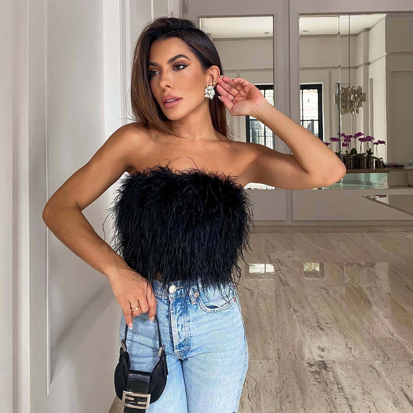Strap Top With Imitation Feathers