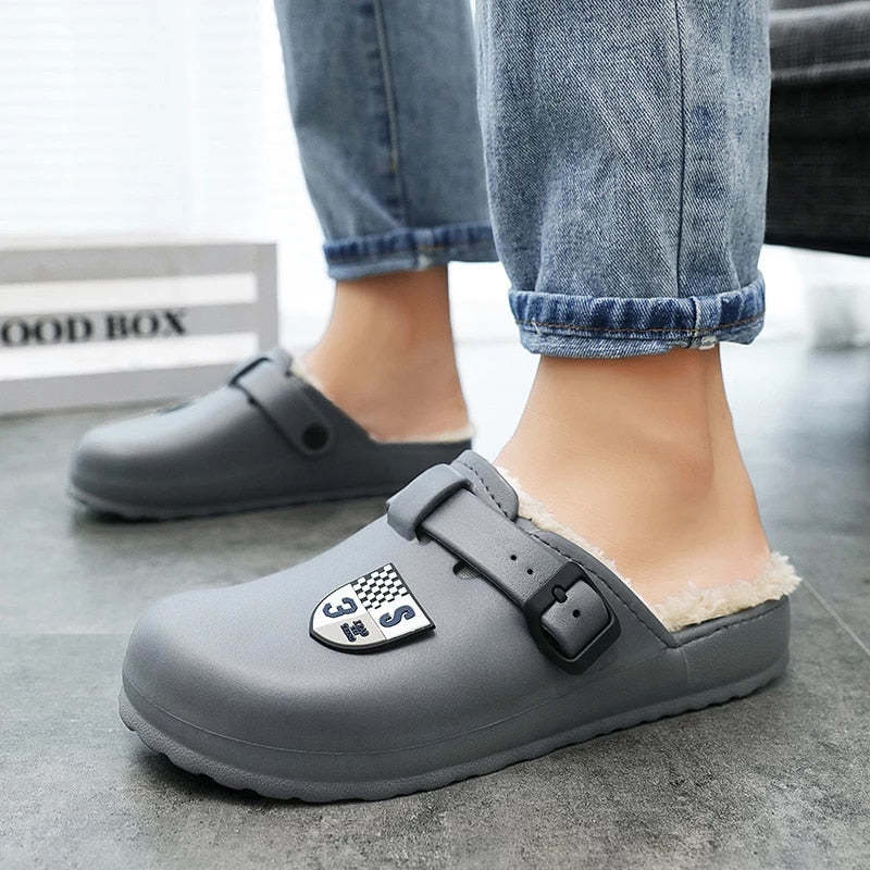 Men Fluffy Plush Slippers PU Winter Mule Clogs
