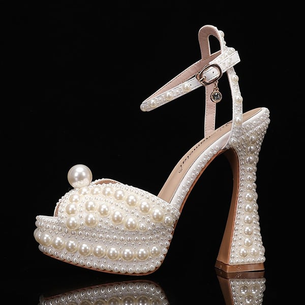 Women's Wedding Shoes Pearl Wedding Sandals Bridal Shoes Elegant Peep Toe Platform Flare Heel Shoes