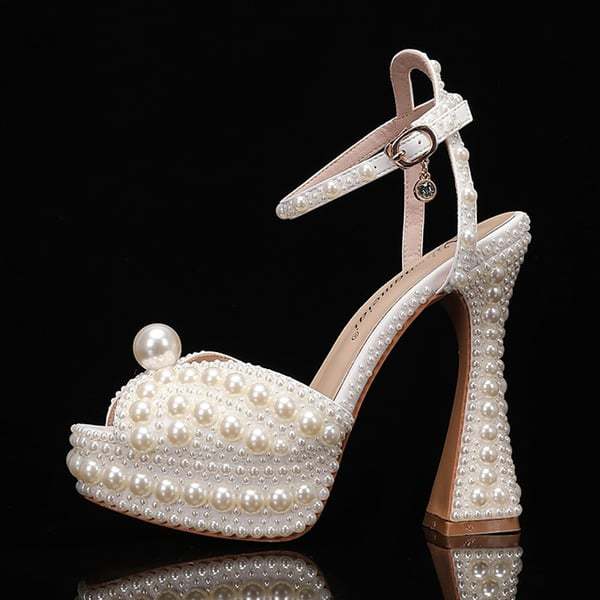 Women's Wedding Shoes Pearl Wedding Sandals Bridal Shoes Elegant Peep Toe Platform Flare Heel Shoes