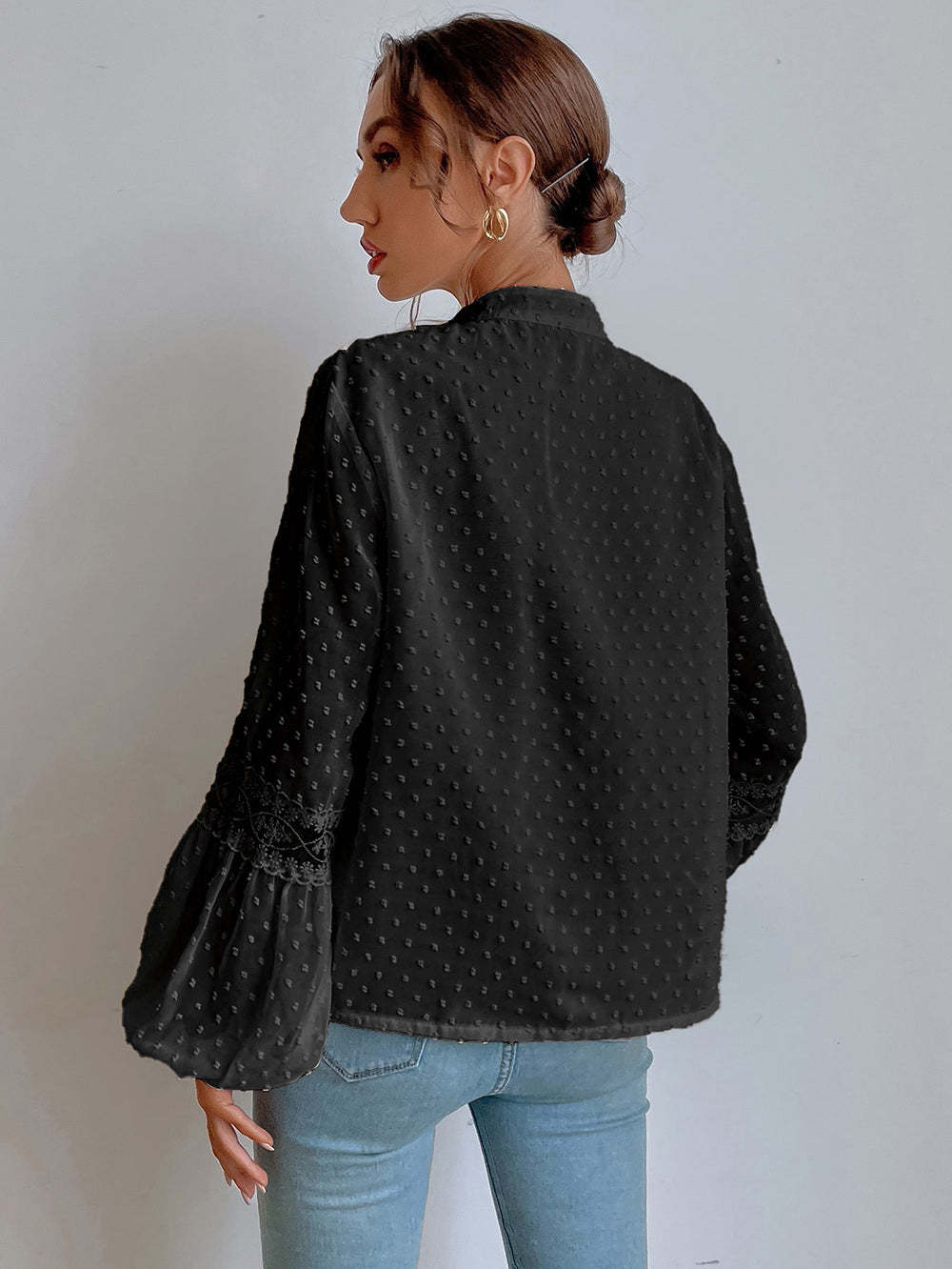 Lace blouse with long sleeves and V-neck