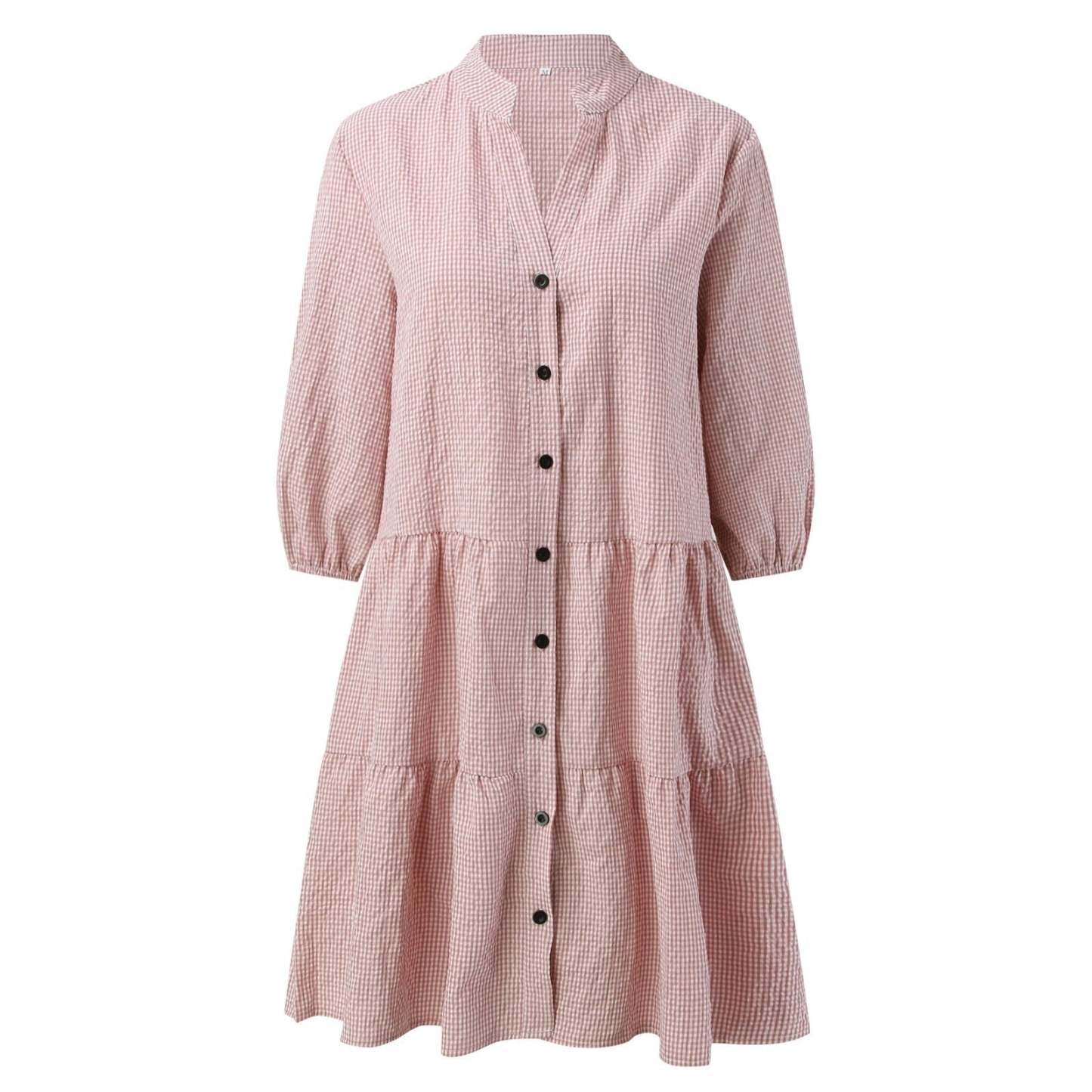 Checked Shirt Dress With Mao Collar