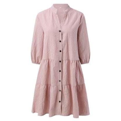 Checked Shirt Dress With Mao Collar
