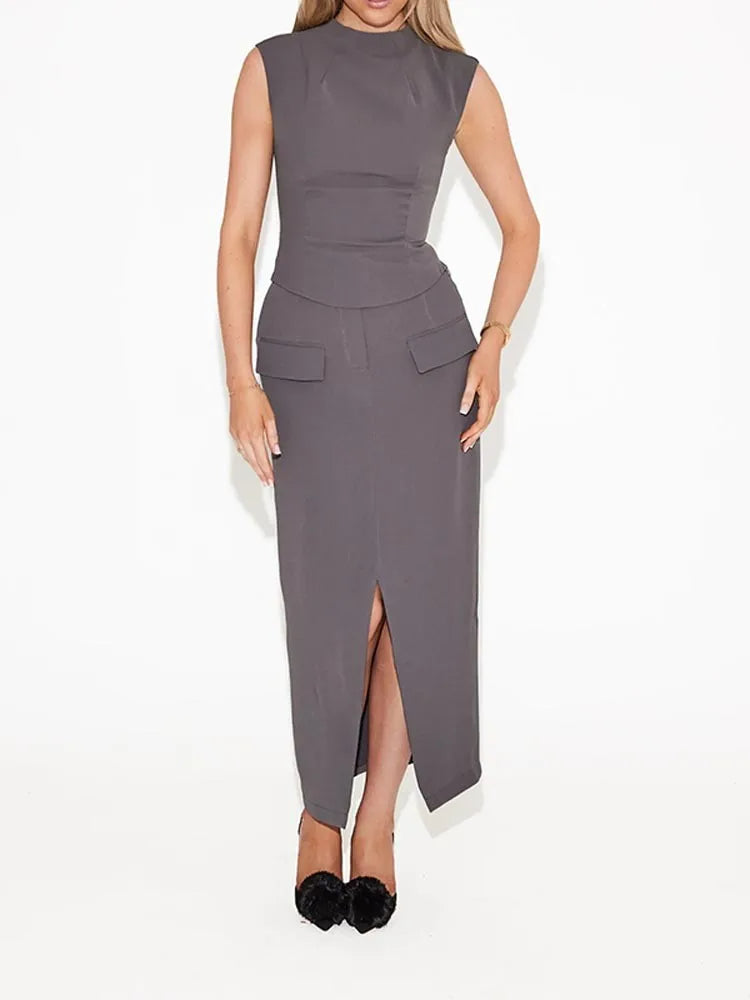 Two-Piece Midi Dress Set with Pocket Detail