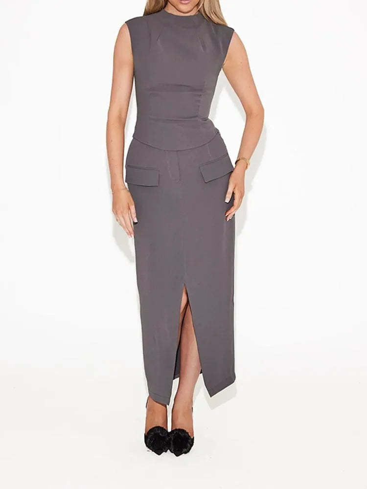 Two-Piece Midi Dress Set with Pocket Detail