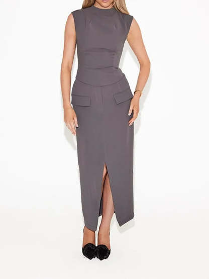 Two-Piece Midi Dress Set with Pocket Detail
