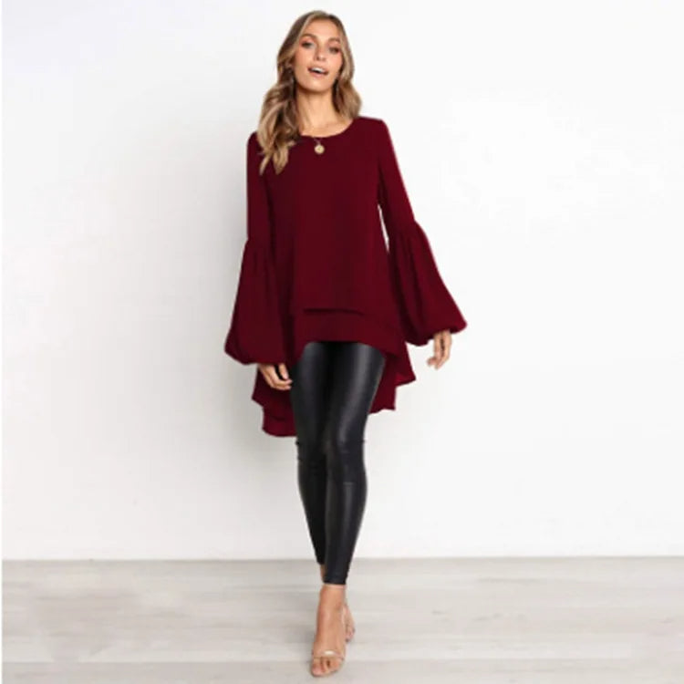 Asymmetrical Lantern Sleeve Round Neck Blouse
