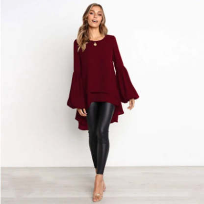 Asymmetrical Lantern Sleeve Round Neck Blouse