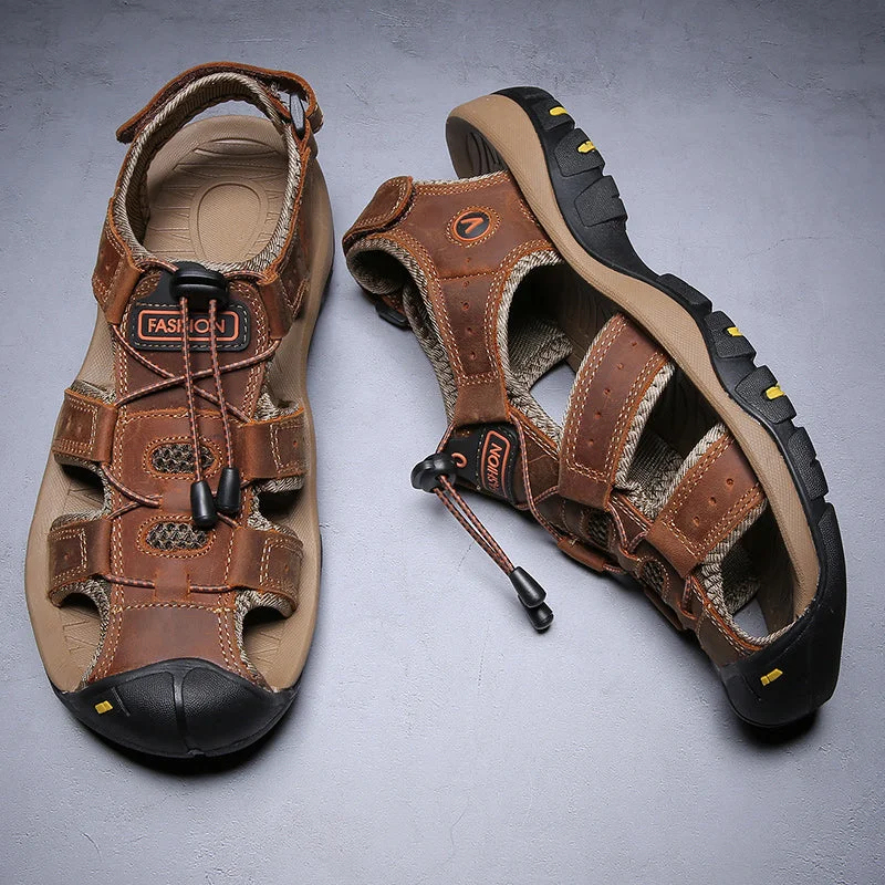 Men Summer Beach Leather Sandals Closed Toe Hollow out Breathable Shoes
