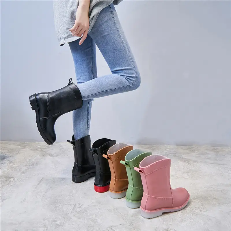 womens platform   calf rain boots rubber sole non slip waterproof shoes outdoor slip on shoes details 1