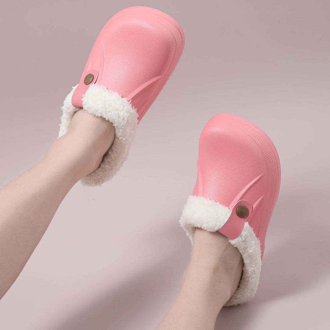Plush Winter Slippers Women Heel Support Waterproof Slides