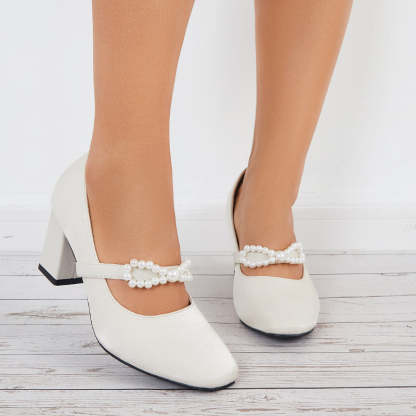 Pearl Mary Jane Pumps Chunky Heels Bowknot Closed Toe Dress Shoes