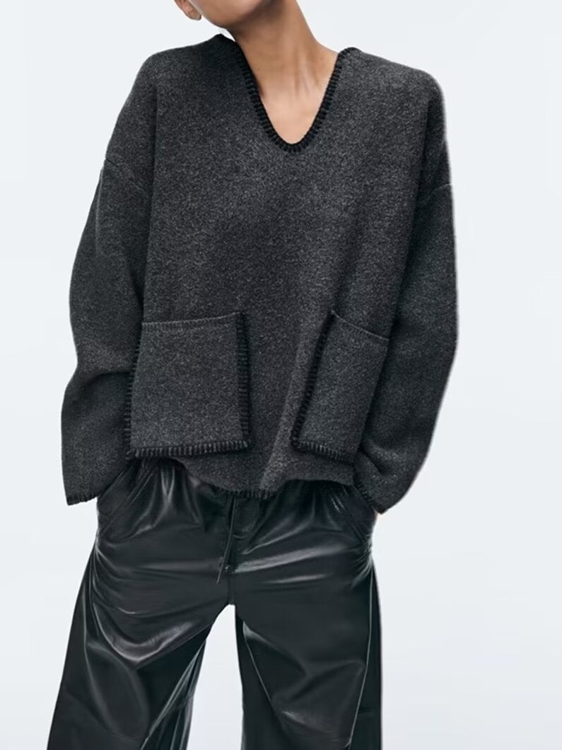 Charcoal Chic Wool-Blend V-Neck Pullover