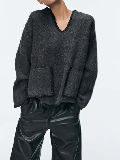 Charcoal Chic Wool-Blend V-Neck Pullover