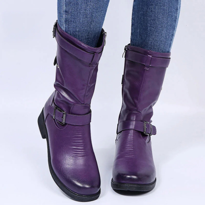 Low Heel Women's Boots with Polished Color Belt Buckle