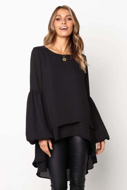 Asymmetrical Lantern Sleeve Round Neck Blouse