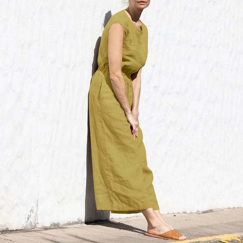 Plain Short Sleeve Linen Jumpsuit