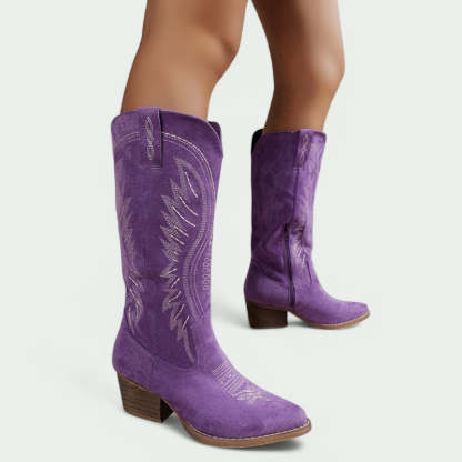 Embroidered Western Cowboy Boots with Low Heel (Women)