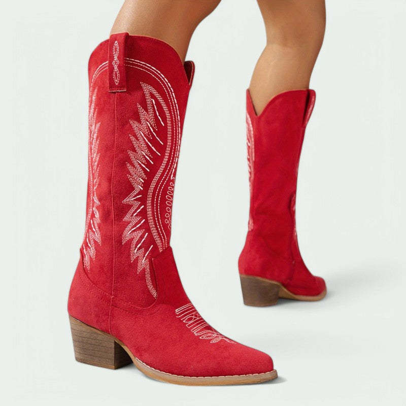 Embroidered Western Cowboy Boots with Low Heel (Women)