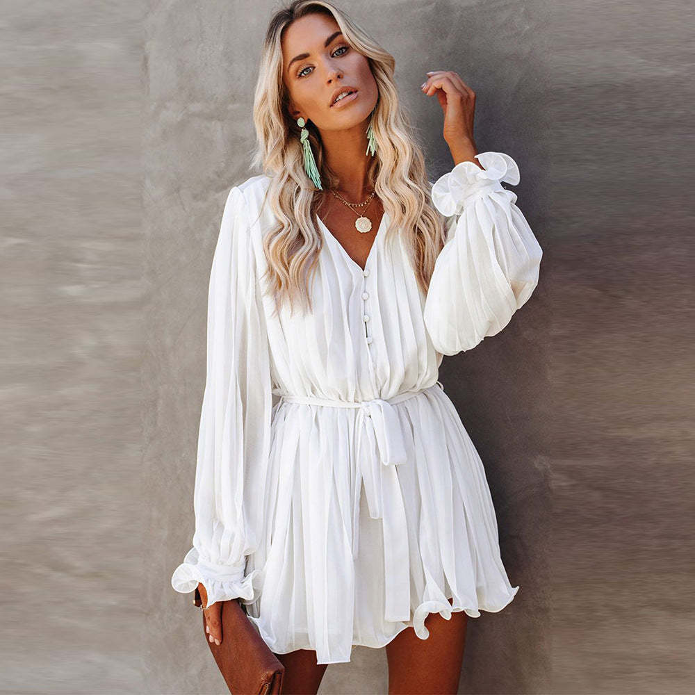 Lace-Up V-Neck Ruffle Dress