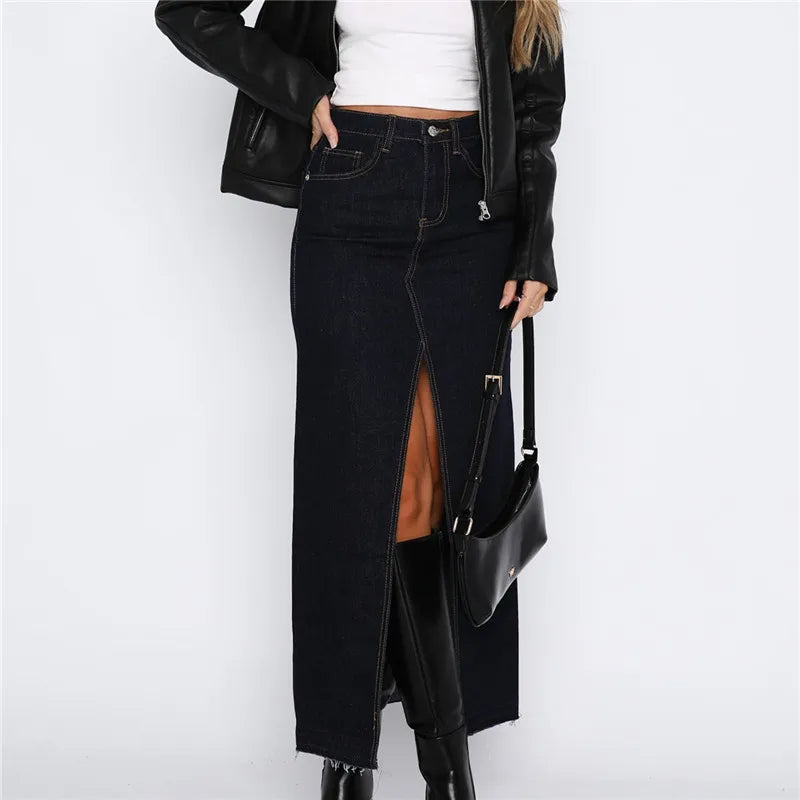 Slit-Front Denim Maxi Skirt