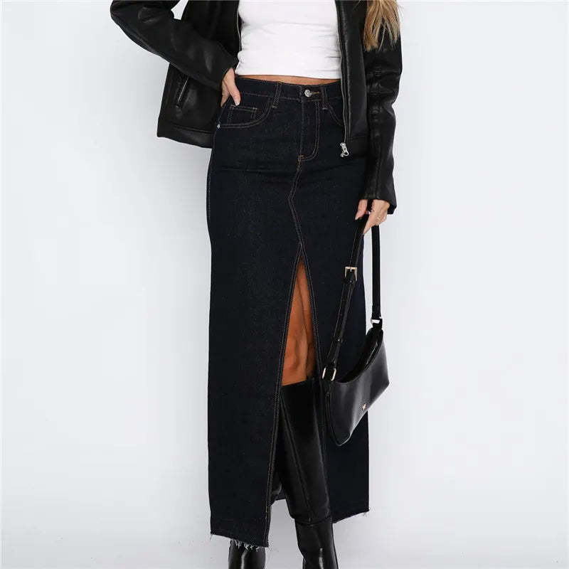 Slit-Front Denim Maxi Skirt