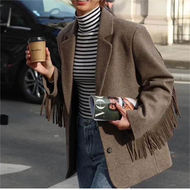 Fringe Accent Wool Blend Blazer