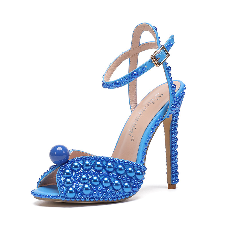 Women's Wedding Shoes Pearl Wedding Sandals Bridal Shoes Elegant Peep Toe Platform Flare Heel Shoes