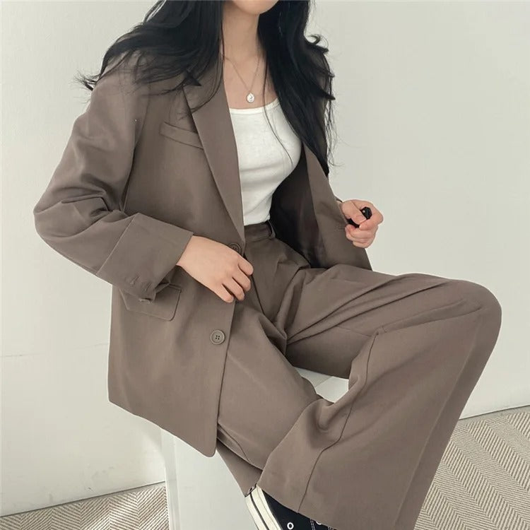 Plain Blazer and Straight Fit Pants Set