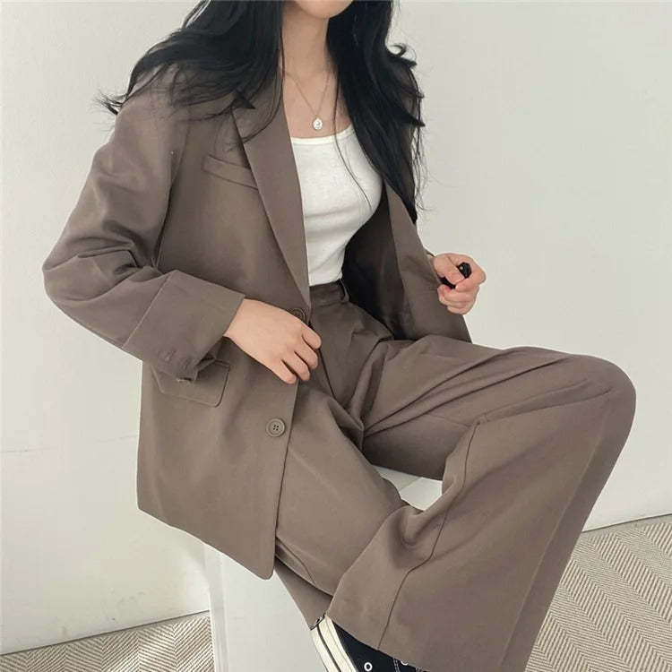 Plain Blazer and Straight Fit Pants Set