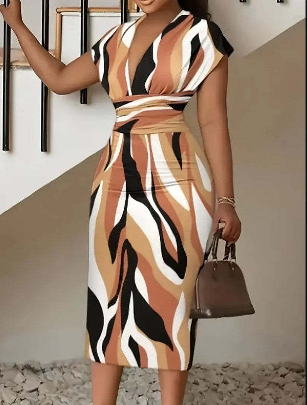 Checkered V-neck Midi Dress