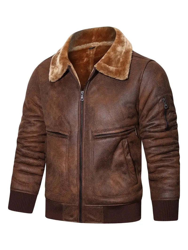 Vegan Leather Jacket with Shearling Collar