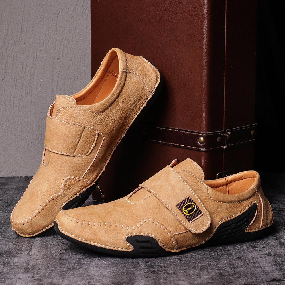Men's Hand Stitching Leather Hook Loop Soft Casual Driving Shoes