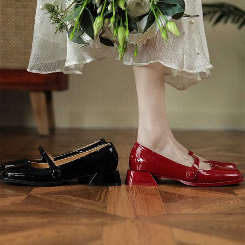 Handmade Patent Leather Mary Jane Pumps Block Heel Office Shoes