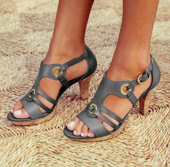 Leather Open Toe Metal Buckle Women's High Heel Sandals