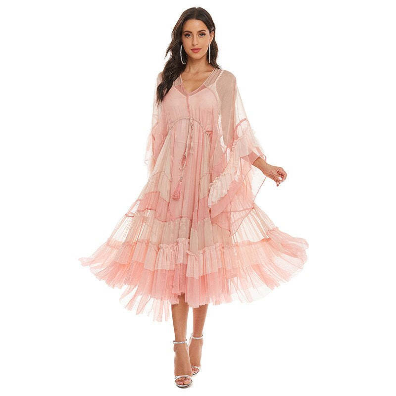 hemian Pink Mesh Maxi Dress