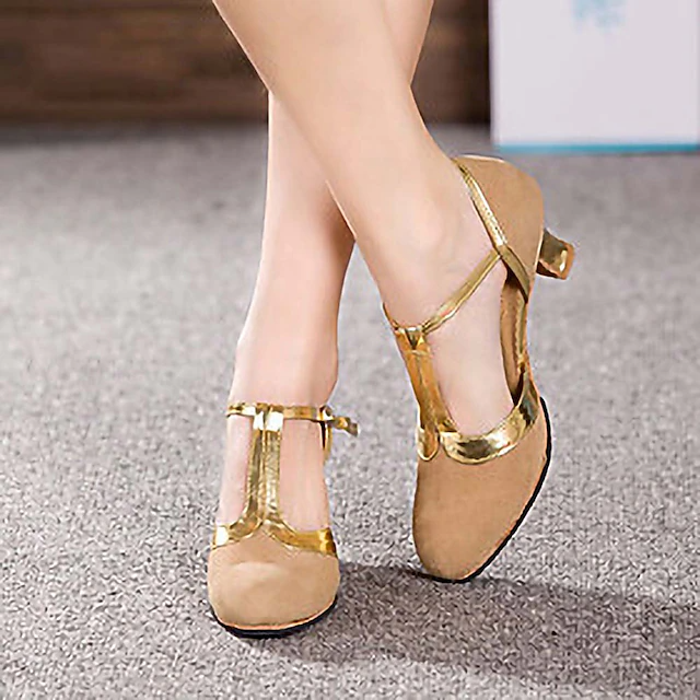 Women's Ballroom Dance Shoes Modern Dance Shoes Line Dance Outdoor Suede Shoes Heel Splicing Cuban Heel Buckle T-Strap