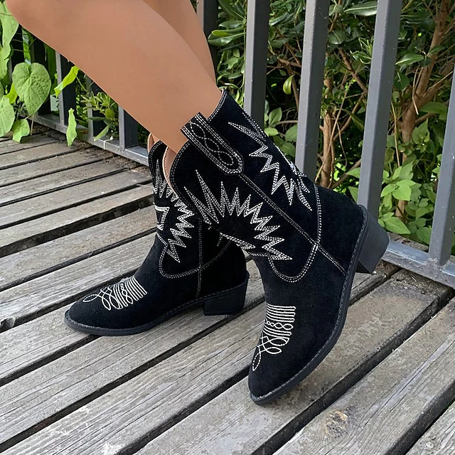 Women's Boots Cowboy Boots Plus Size Cowgirl Boots Outdoor Daily Solid Color Mid Calf Boots Winter Embroidery Block Heel Pointed Toe Vintage Fashion Casual Suede Loafer Black Khaki