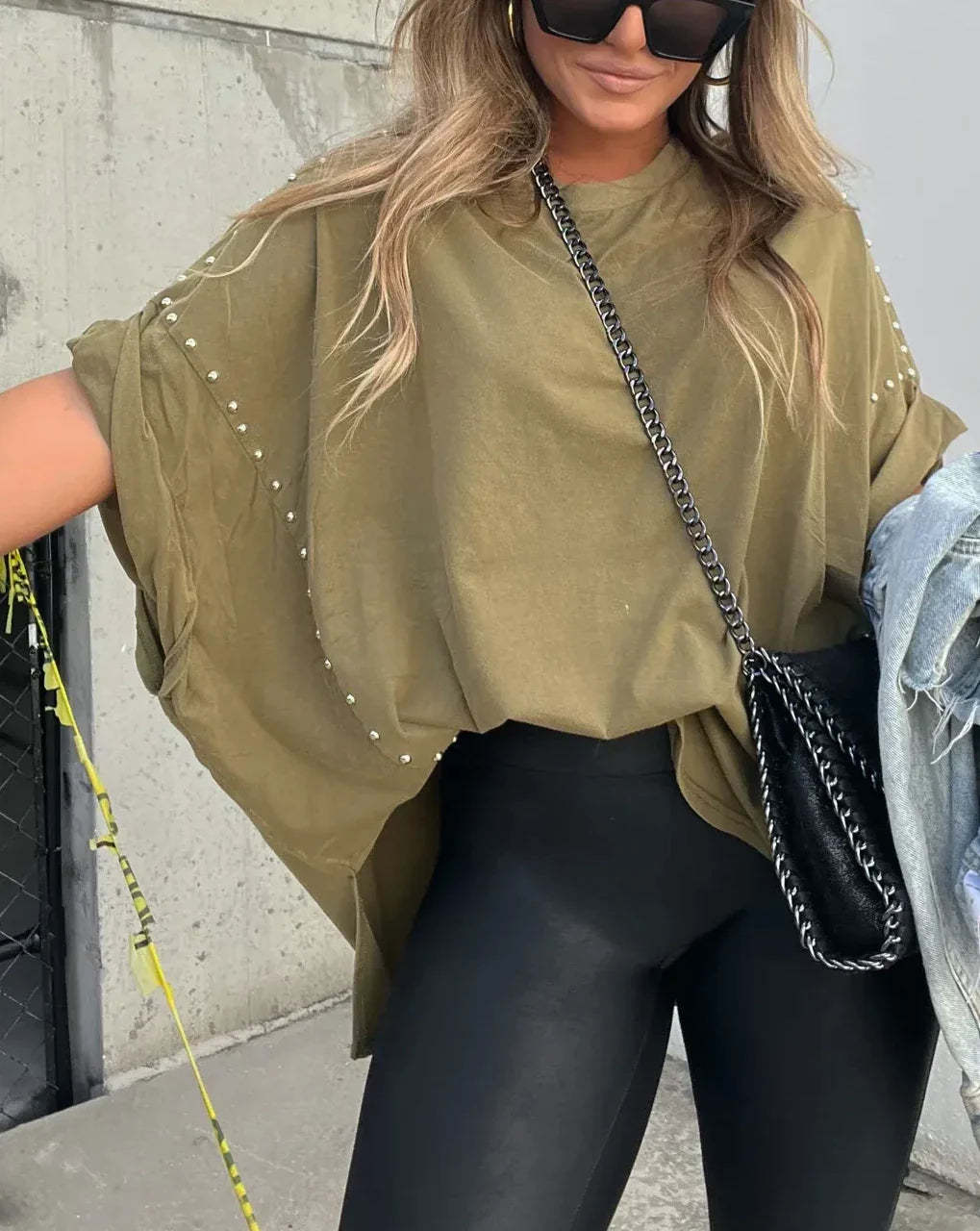 Oversized Tee with Edgy Stud Detailing