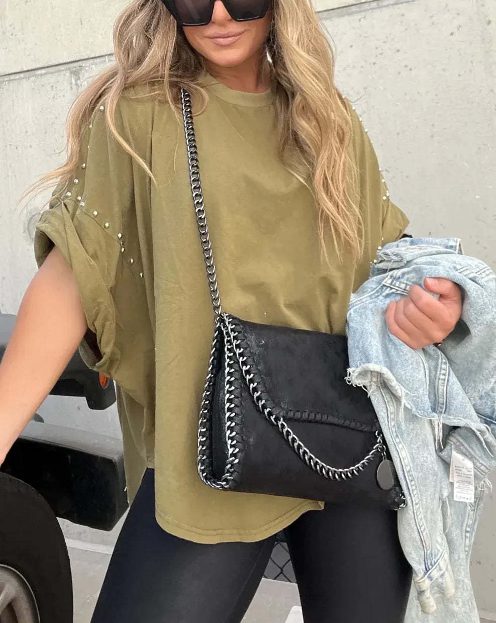 Oversized Tee with Edgy Stud Detailing