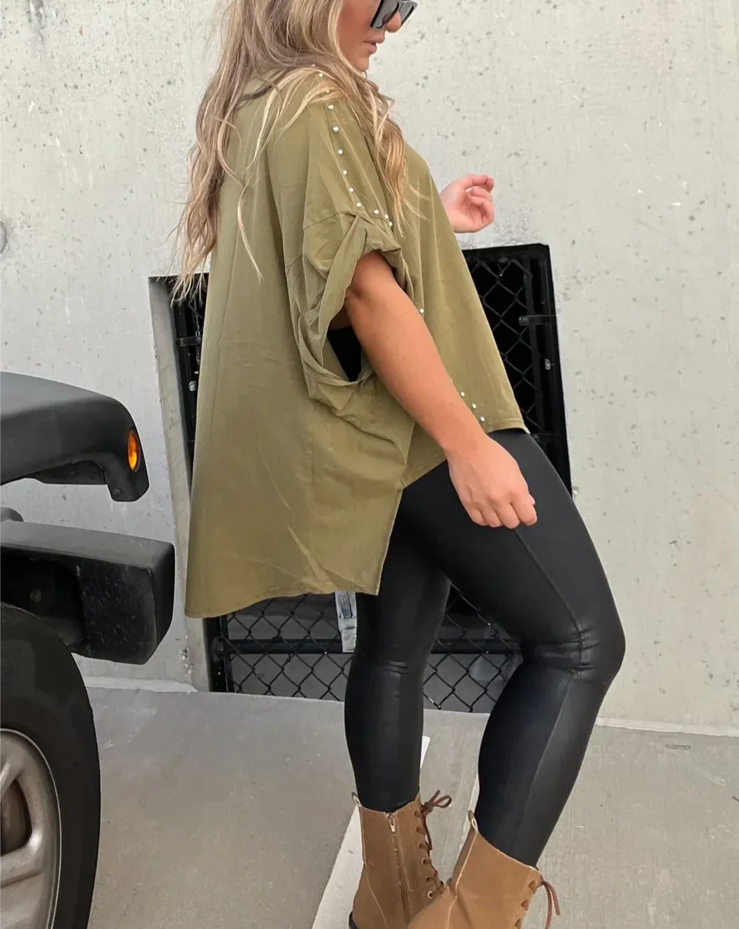 Oversized Tee with Edgy Stud Detailing