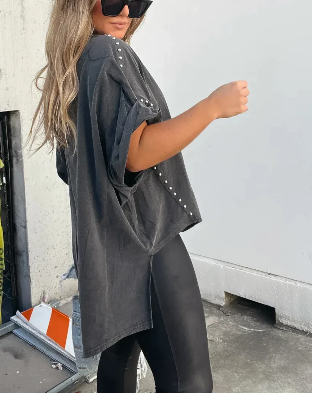 Oversized Tee with Edgy Stud Detailing