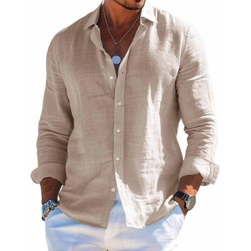 Men's Cotton and Linen Casual Solid Color Lapel Shirt