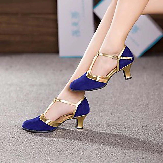 Women's Ballroom Dance Shoes Modern Dance Shoes Line Dance Outdoor Suede Shoes Heel Splicing Cuban Heel Buckle T-Strap