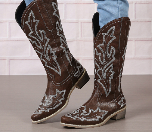 Women‘s Flower Embroidery Mid Calf Cowboy Boots Embroidery