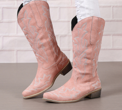 Women‘s Flower Embroidery Mid Calf Cowboy Boots Embroidery