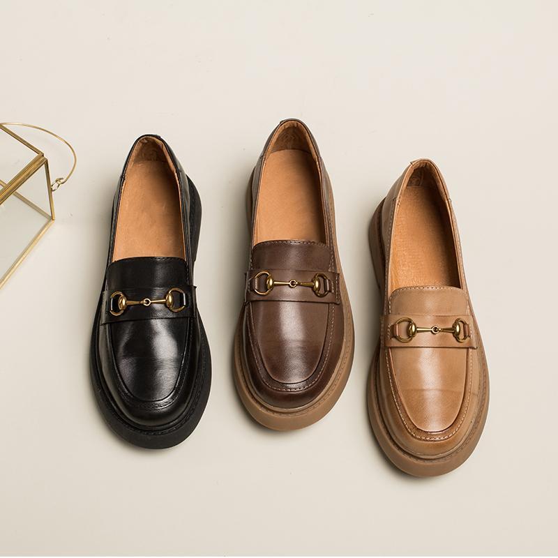 Women Handmade Sheepskin Brogue Loafers Metal button decoration Brown/Black/Coffee