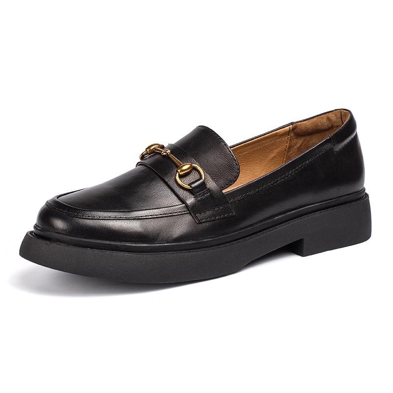 Women Handmade Sheepskin Brogue Loafers Metal button decoration Brown/