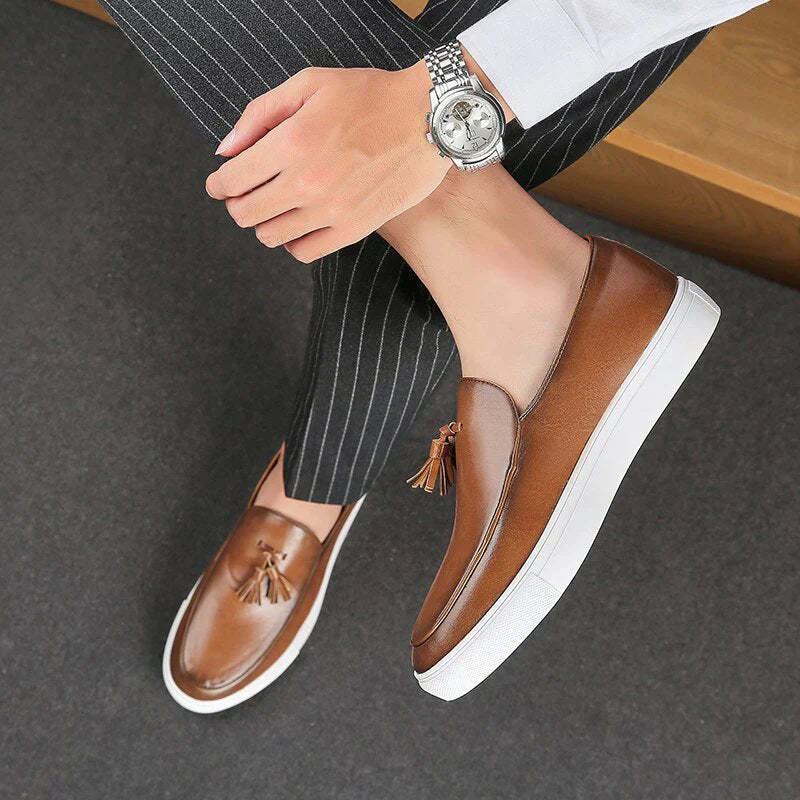 Men’s Slip-On Loafers - Leather Upper - Tassel Detail - Comfortable Ru