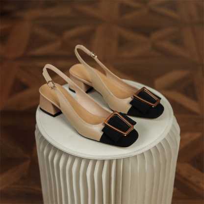 Leather Block-Heel Slingbacks Office Shoes in Apricot/Beige